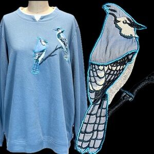 VINTAGE blue jay bird‎ appliqué top long sleeve crewneck nature wildlife 90s